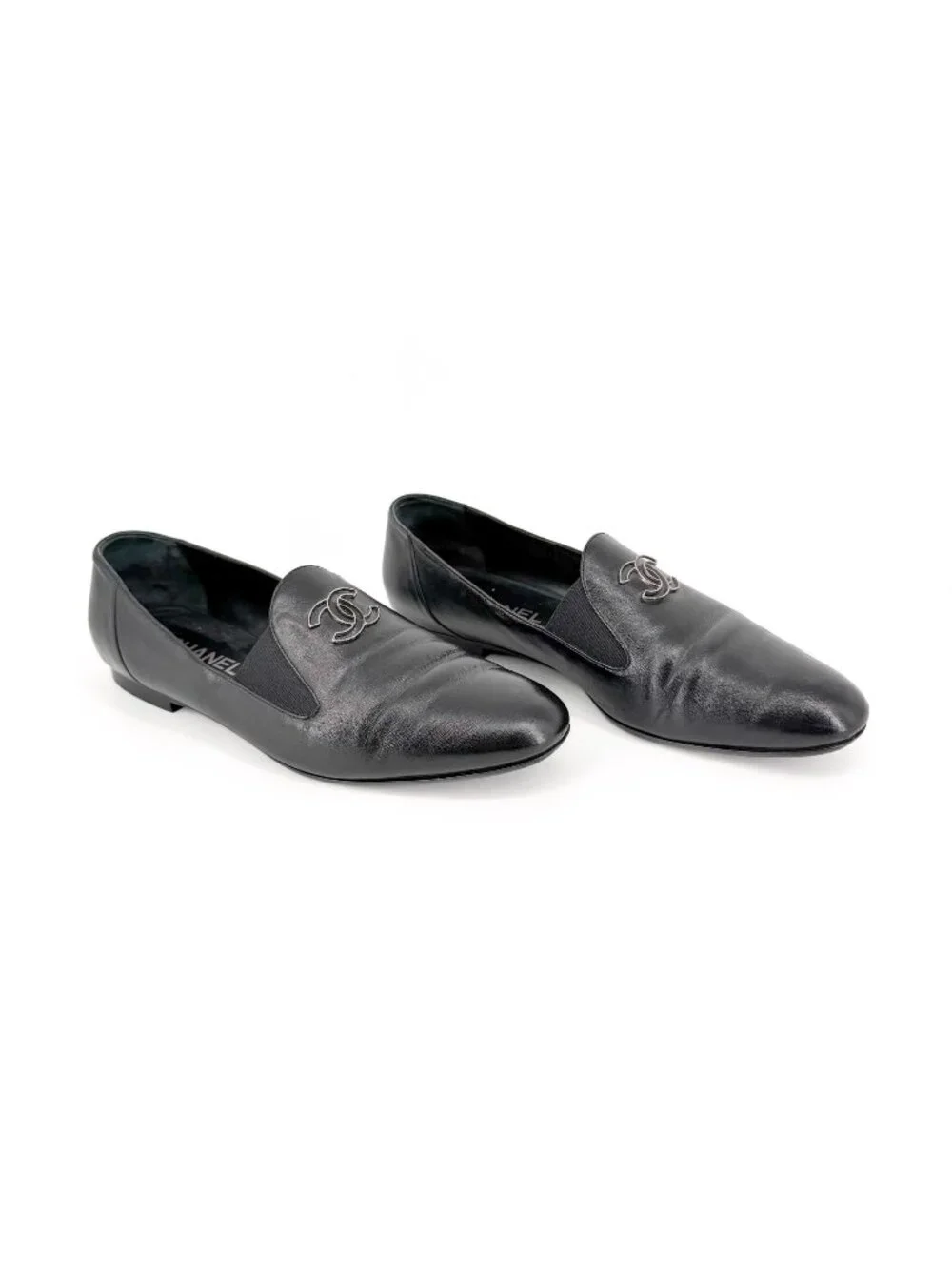Chanel CC Slip On Loafers Flats Black Leather Size 41 US 10-10.5 Women’s